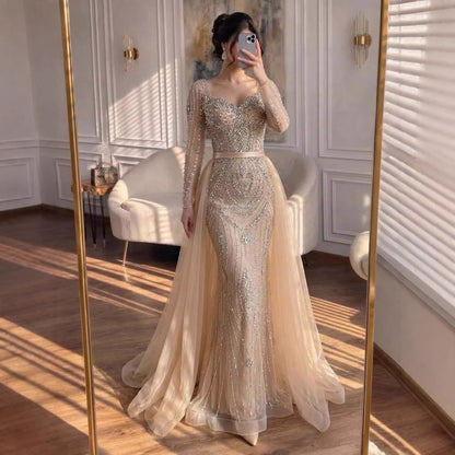 Luxury Nude Beaded Mermaid Evening Dress with Overskirt LA73190 - SERENE  HILL