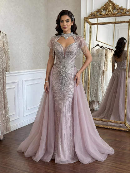Luxury Nude Beaded Mermaid Evening Dress with Overskirt LA73182 - SERENE  HILL