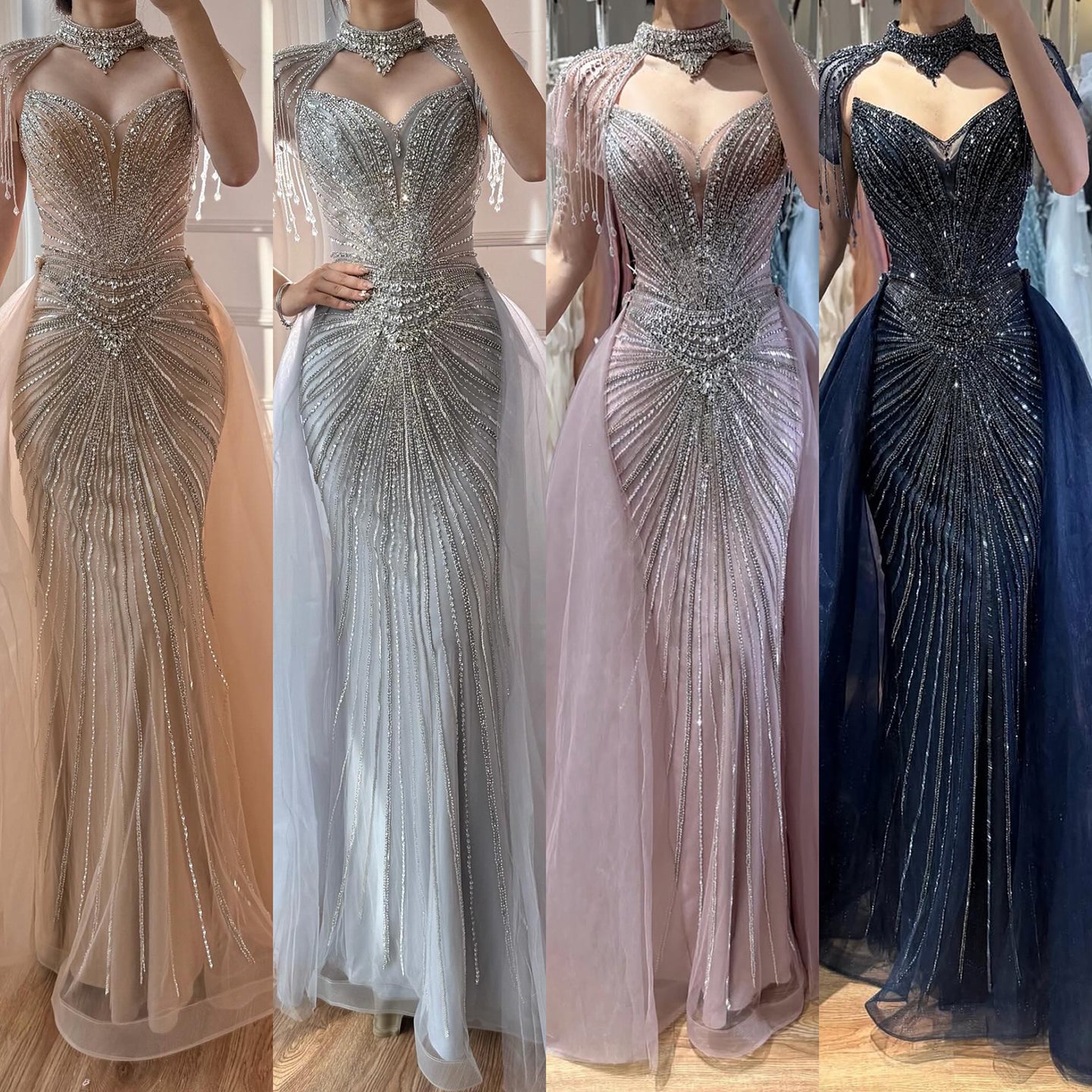Luxury Nude Beaded Mermaid Evening Dress with Overskirt LA73182 - SERENE  HILL