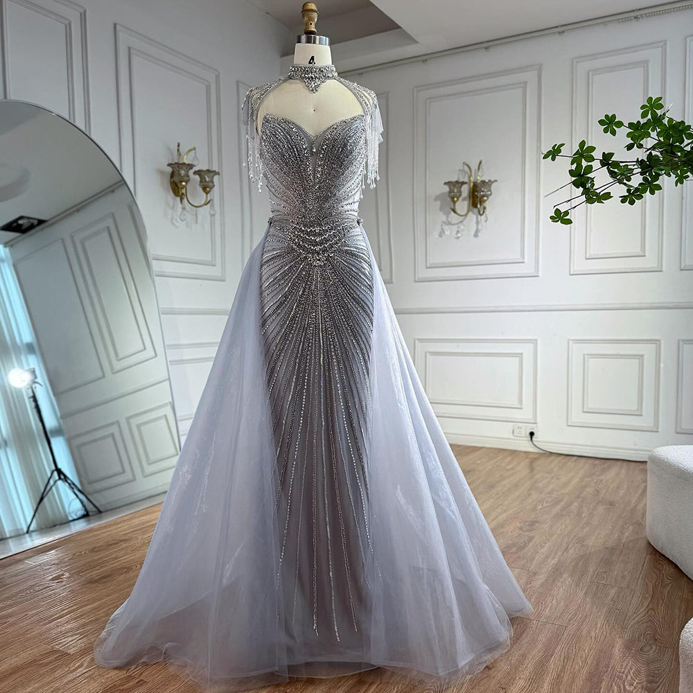 Luxury Nude Beaded Mermaid Evening Dress with Overskirt LA73182 - SERENE  HILL