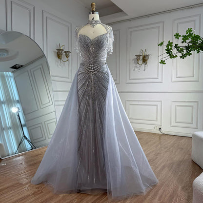 Luxury Nude Beaded Mermaid Evening Dress with Overskirt LA73182 - SERENE  HILL