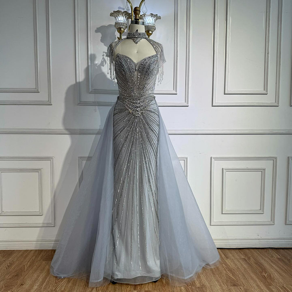 Luxury Nude Beaded Mermaid Evening Dress with Overskirt LA73182 - SERENE  HILL
