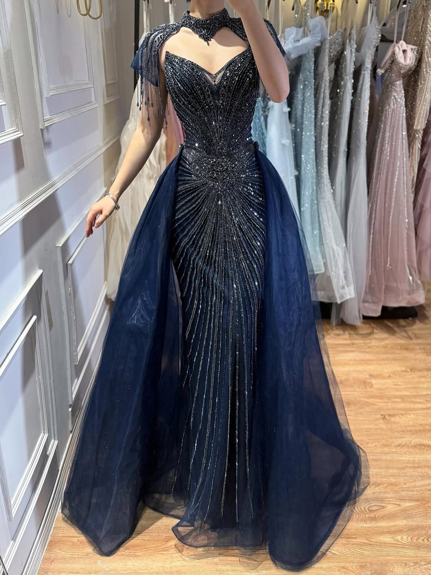 Luxury Nude Beaded Mermaid Evening Dress with Overskirt LA73182 - SERENE  HILL