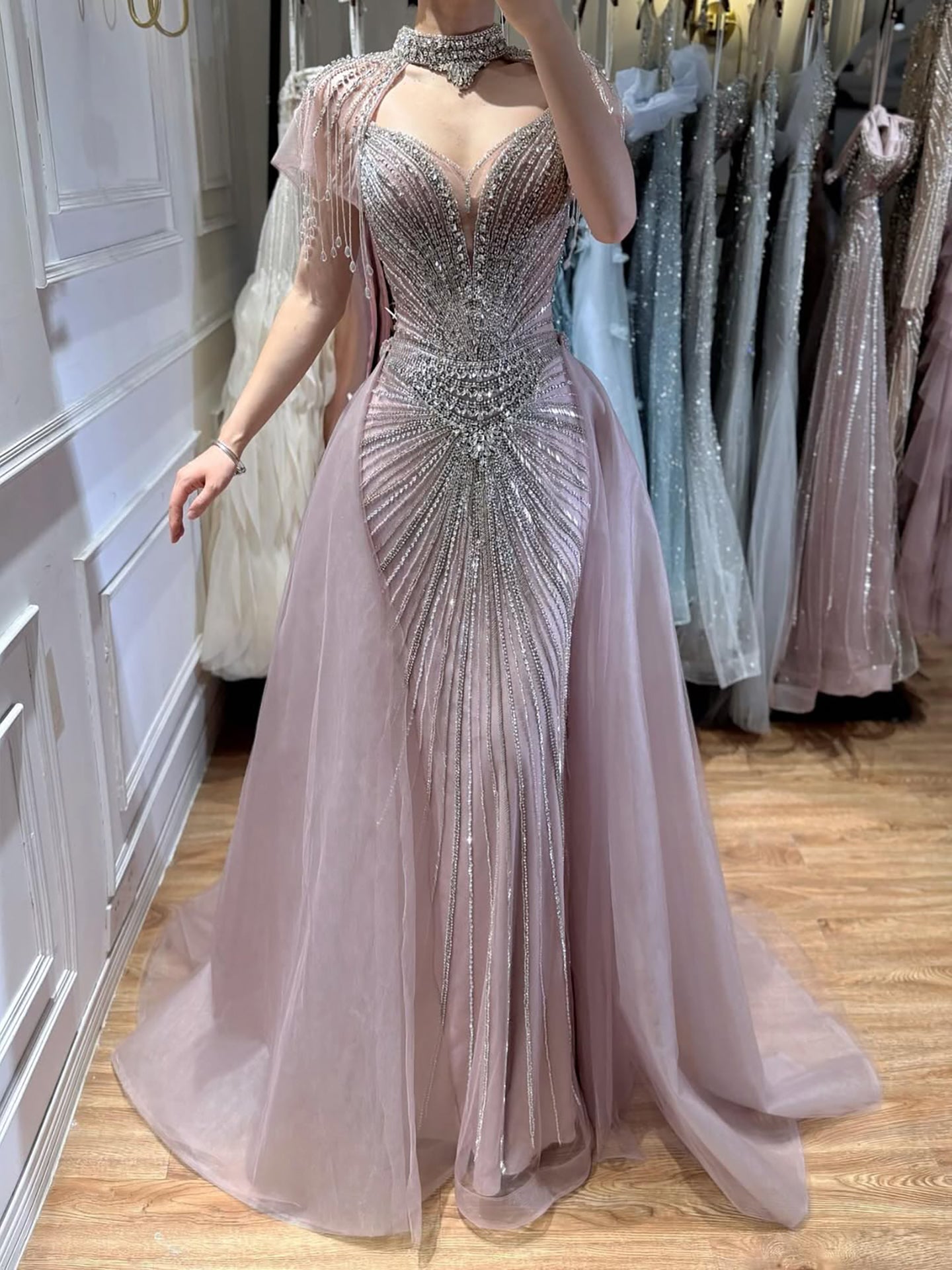 Luxury Nude Beaded Mermaid Evening Dress with Overskirt LA73182 - SERENE  HILL