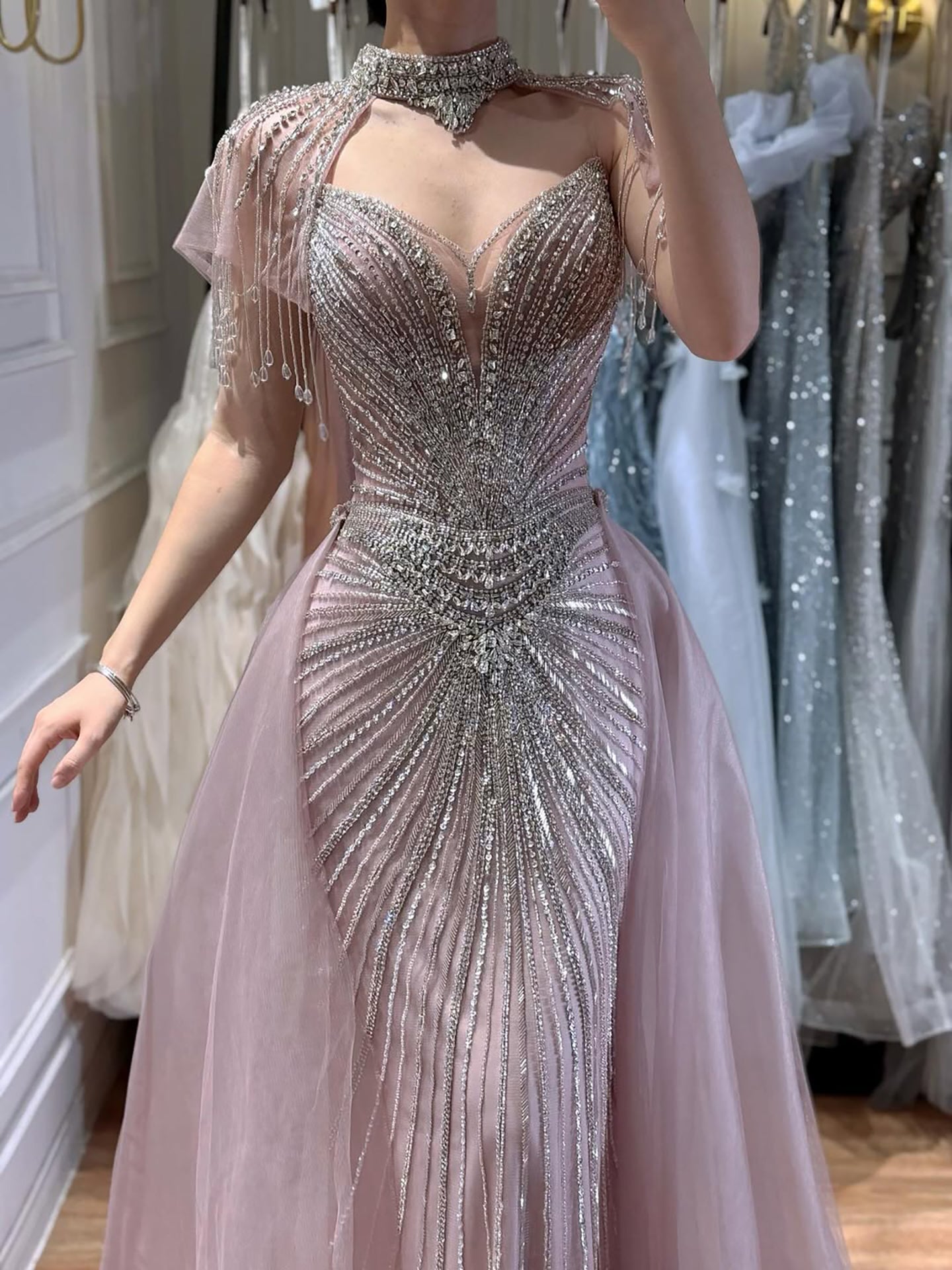 Luxury Nude Beaded Mermaid Evening Dress with Overskirt LA73182 - SERENE  HILL