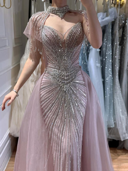 Luxury Nude Beaded Mermaid Evening Dress with Overskirt LA73182 - SERENE  HILL