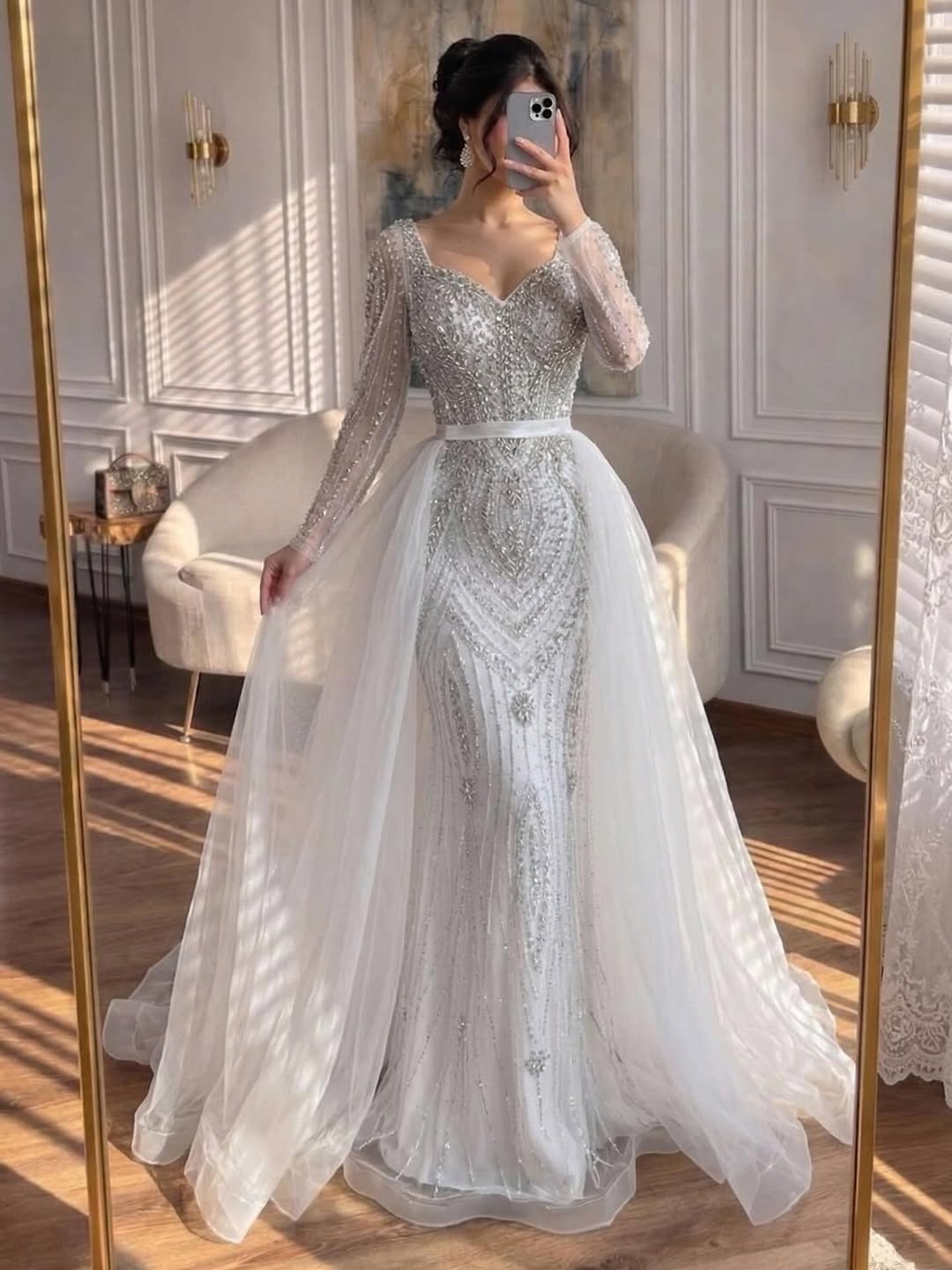 Luxury Nude Beaded Mermaid Evening Dress with Overskirt LA73190 - SERENE  HILL