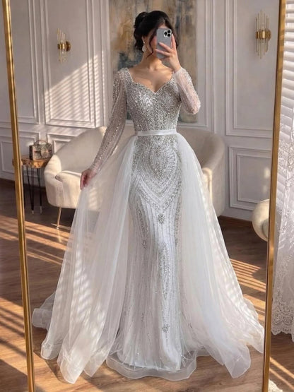 Luxury Nude Beaded Mermaid Evening Dress with Overskirt LA73190 - SERENE  HILL