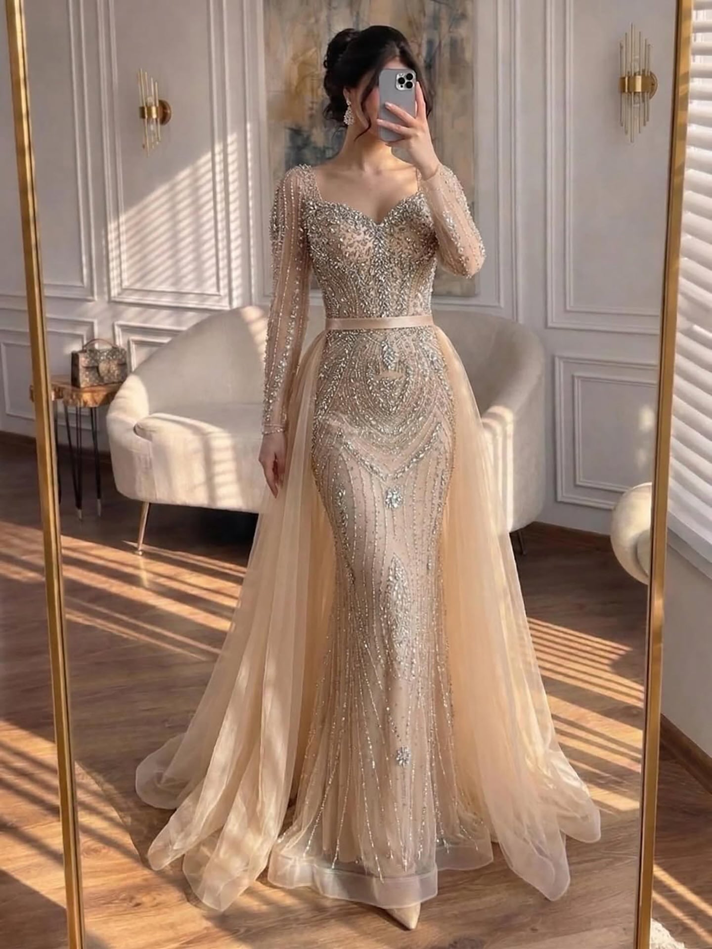 Luxury Nude Beaded Mermaid Evening Dress with Overskirt LA73190 - SERENE  HILL
