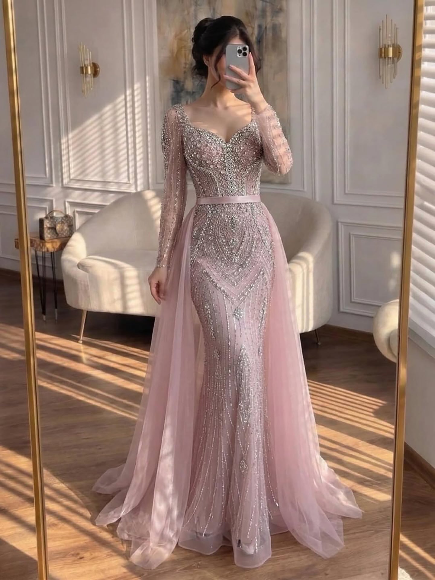 Luxury Nude Beaded Mermaid Evening Dress with Overskirt LA73190 - SERENE  HILL