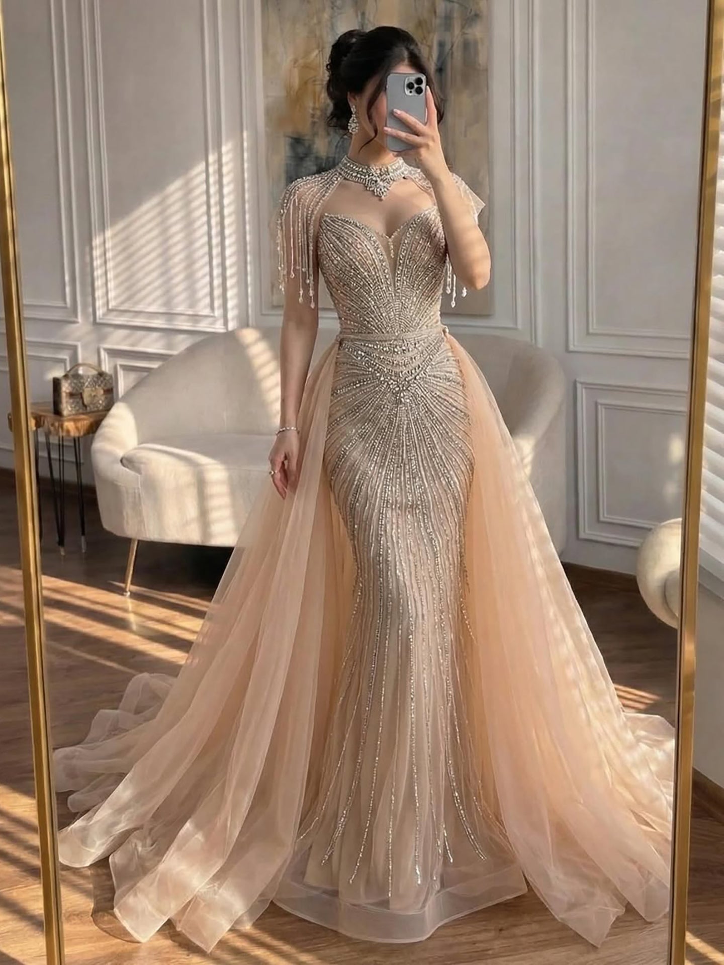 Luxury Nude Beaded Mermaid Evening Dress with Overskirt LA73182