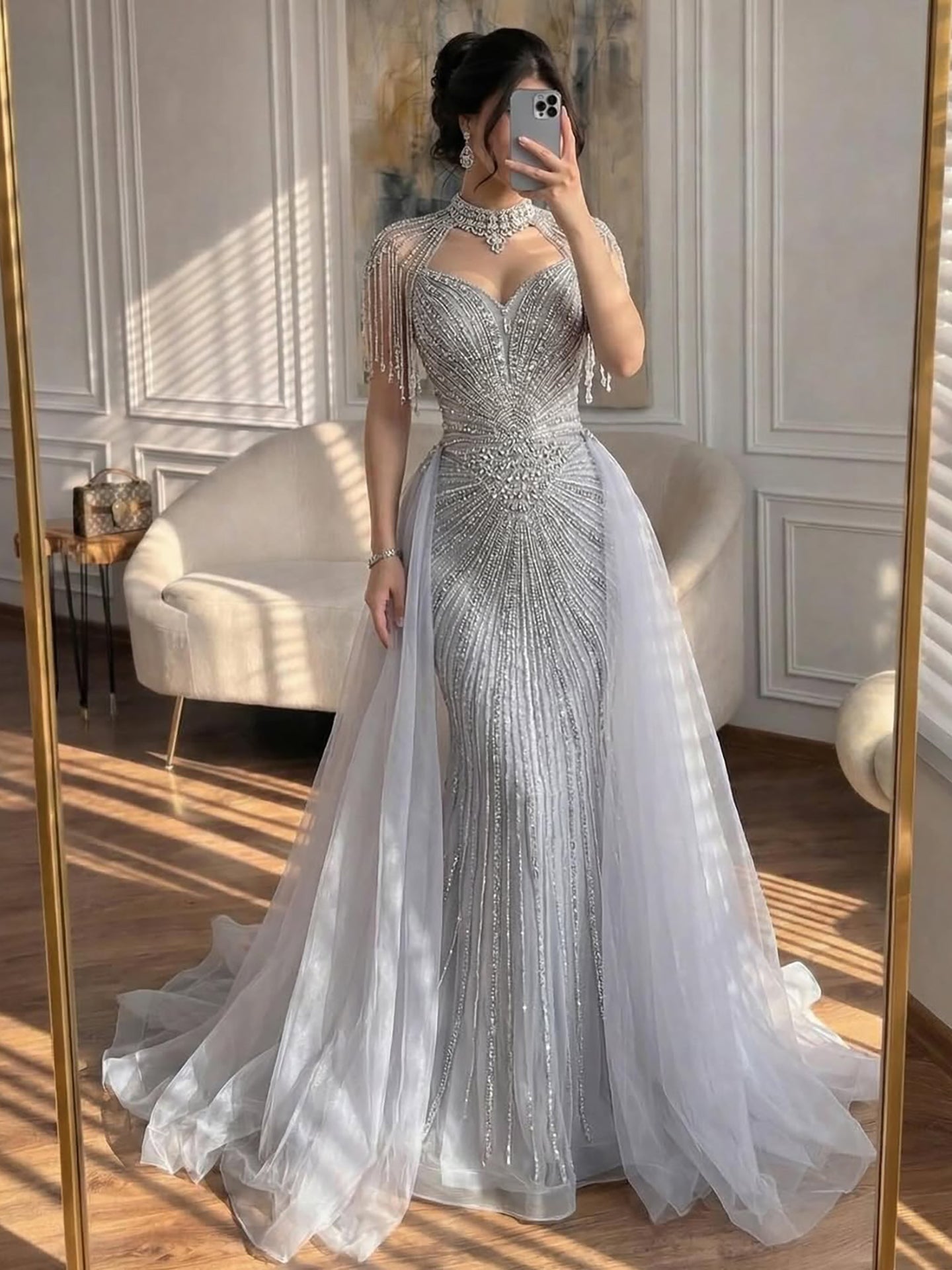 Luxury Nude Beaded Mermaid Evening Dress with Overskirt LA73182