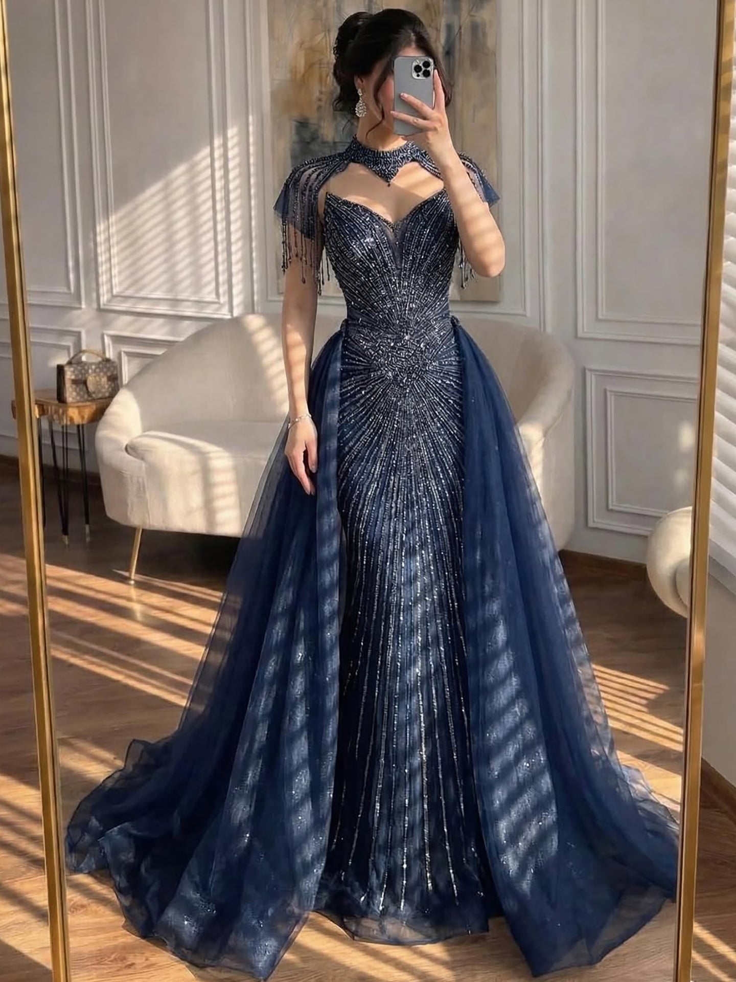 Luxury Nude Beaded Mermaid Evening Dress with Overskirt LA73182