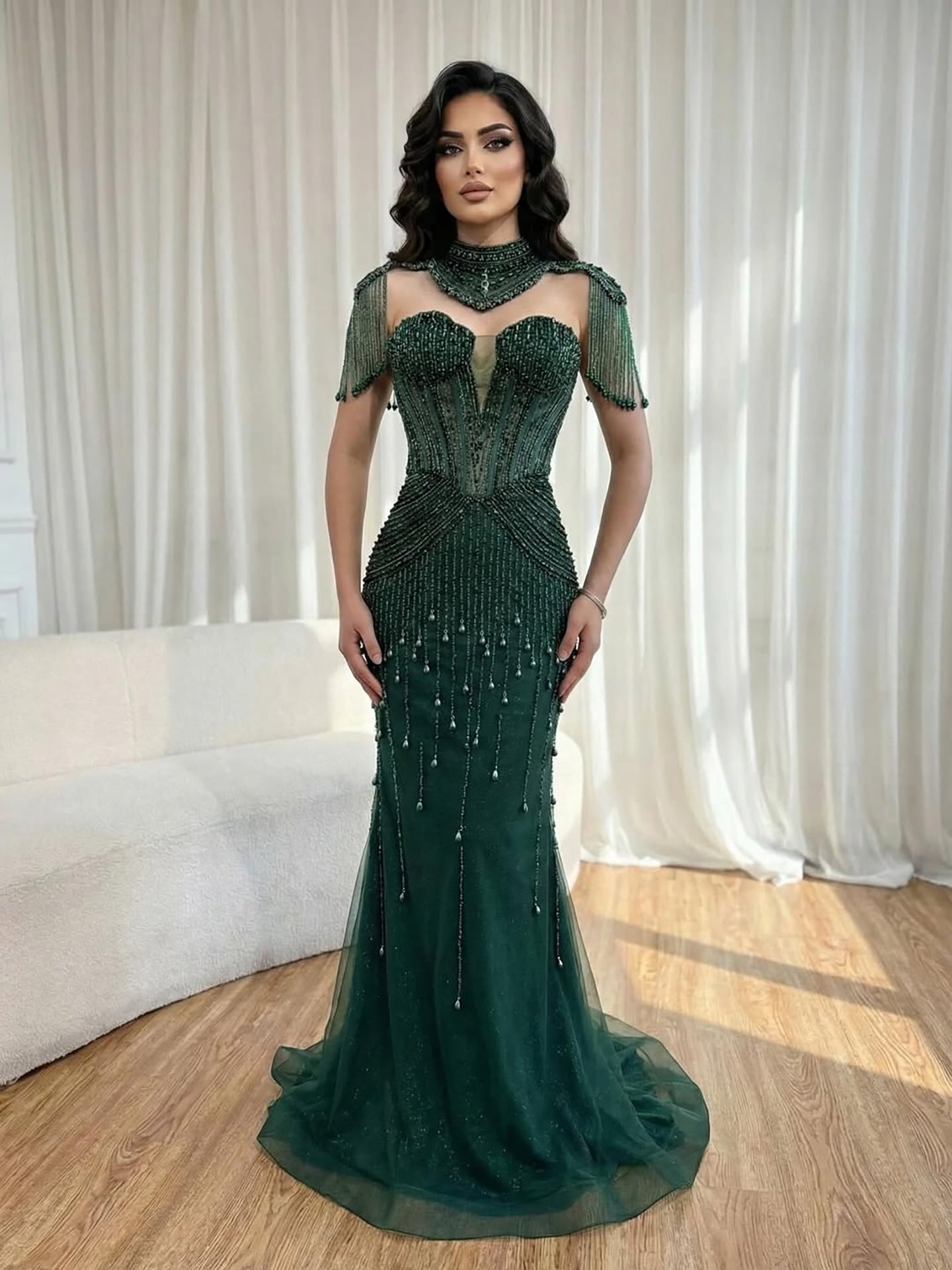 Luxury Nude Pearl Beaded Tassel Mermaid Evening Dress LA73183 - SERENE  HILL