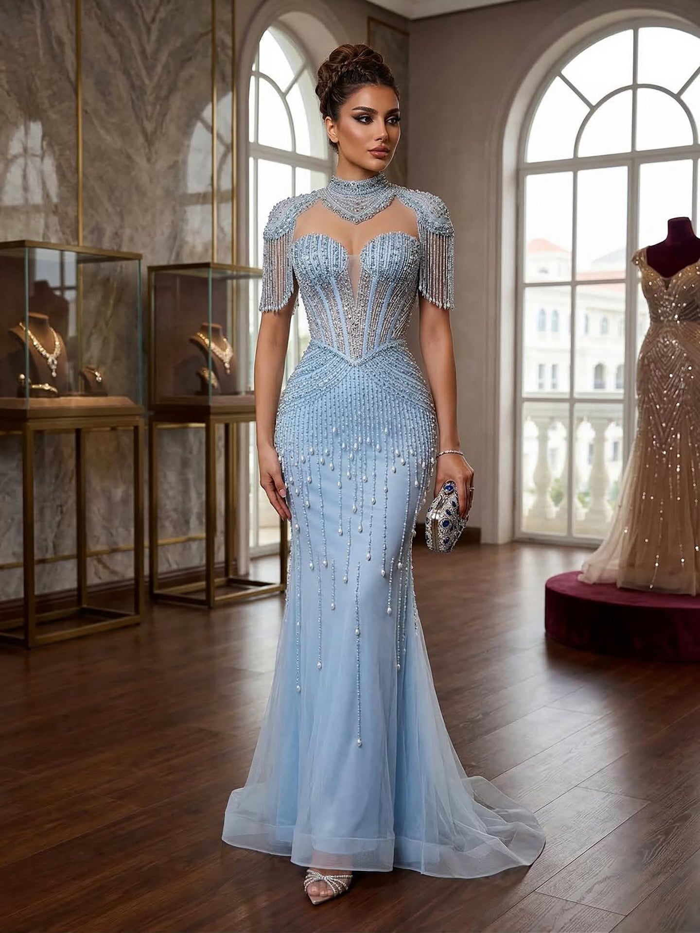 Luxury Nude Pearl Beaded Tassel Mermaid Evening Dress LA73183 - SERENE  HILL
