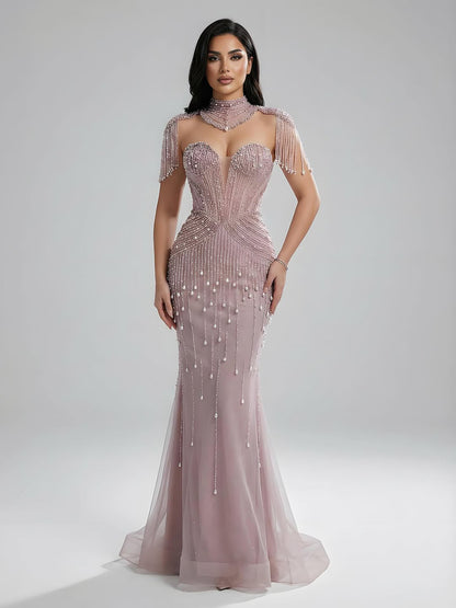 Luxury Nude Pearl Beaded Tassel Mermaid Evening Dress LA73183 - SERENE  HILL