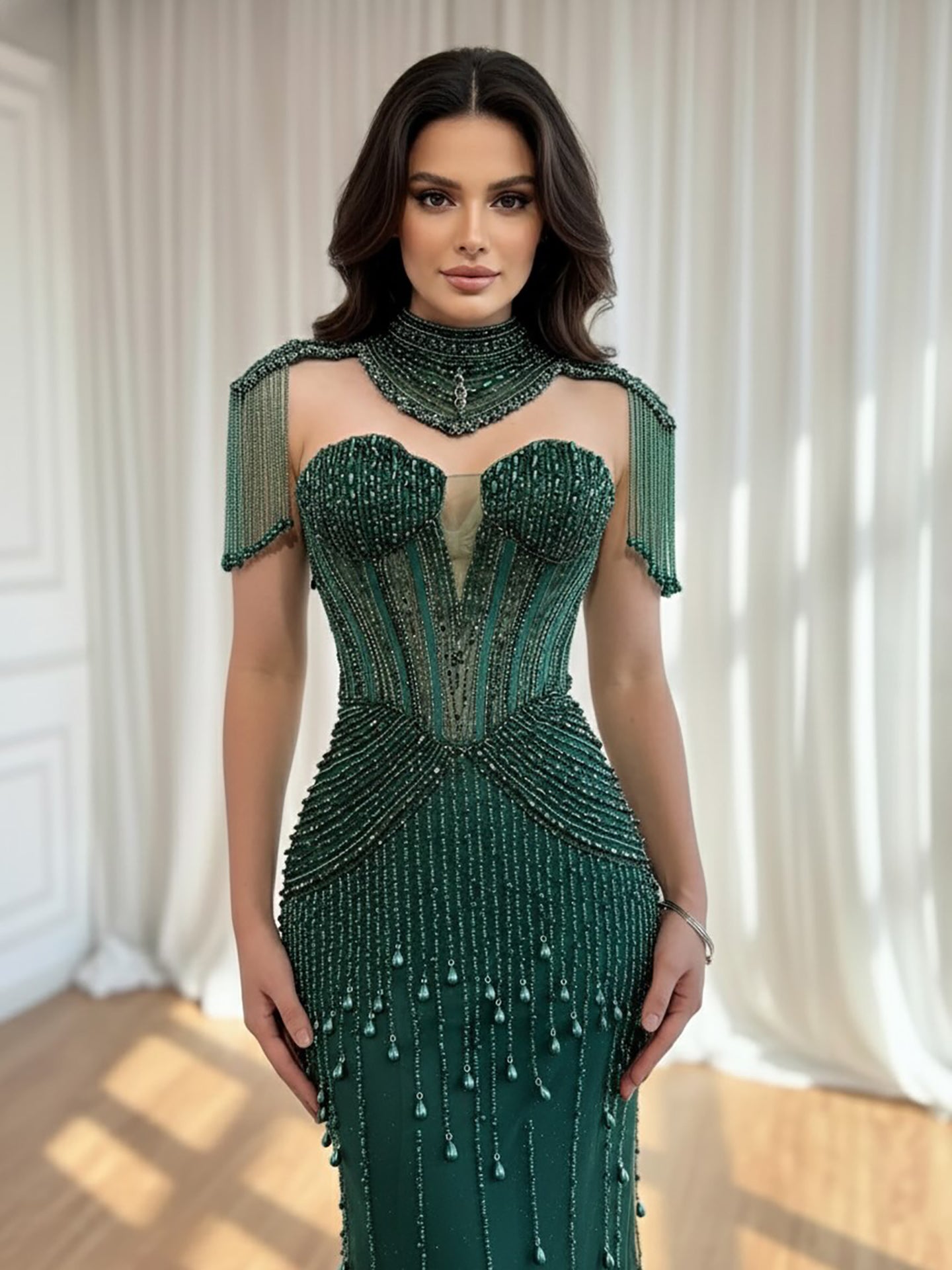 Luxury Nude Pearl Beaded Tassel Mermaid Evening Dress LA73183 - SERENE  HILL