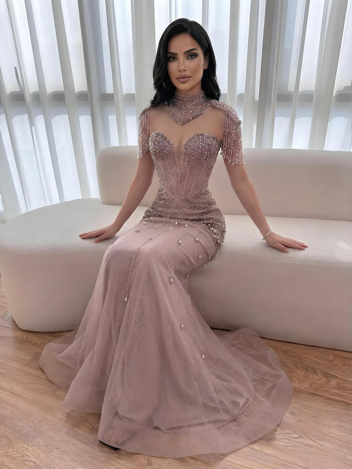 Luxury Nude Pearl Beaded Tassel Mermaid Evening Dress LA73183 - SERENE  HILL