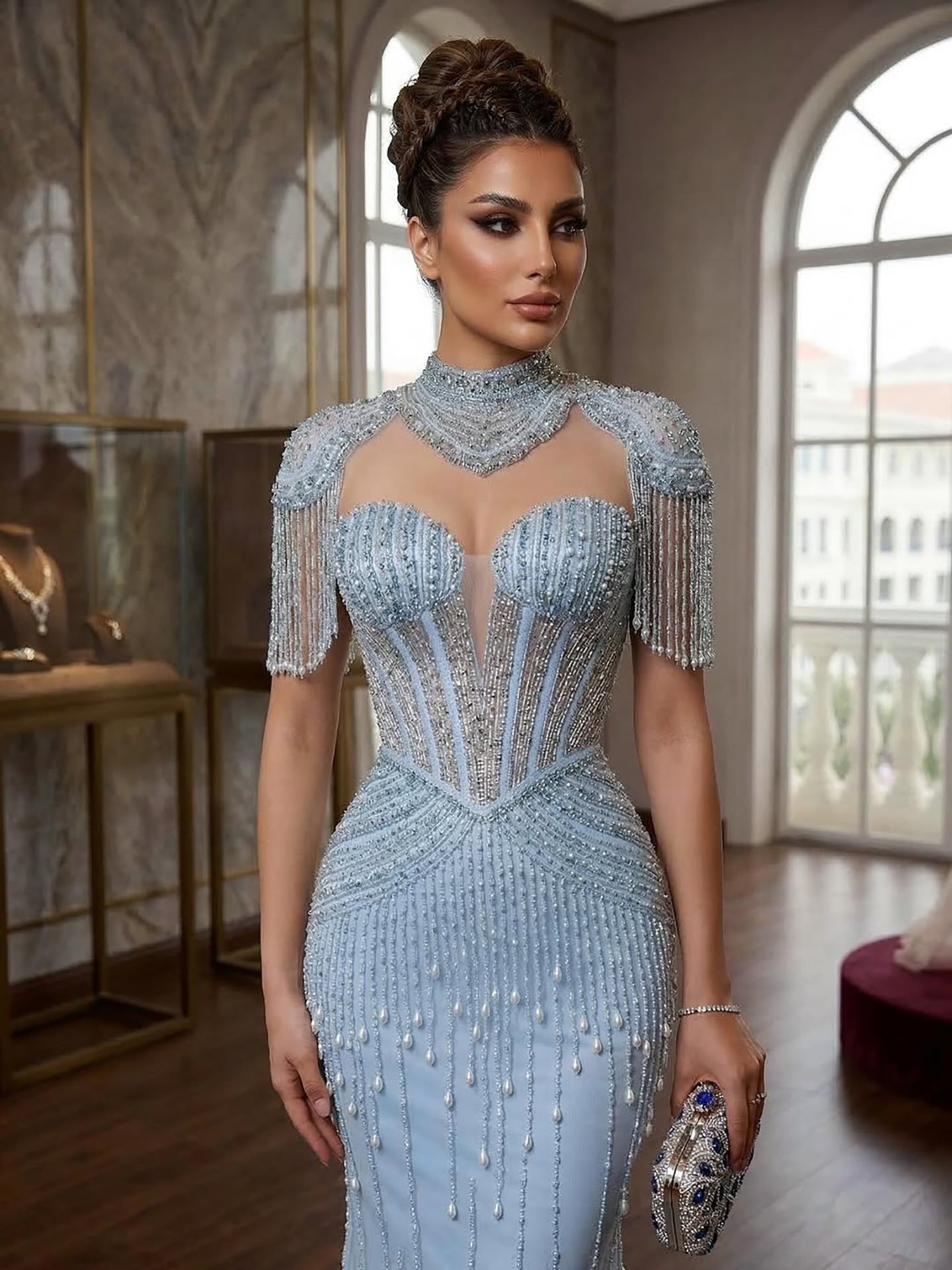 Luxury Nude Pearl Beaded Tassel Mermaid Evening Dress LA73183 - SERENE  HILL