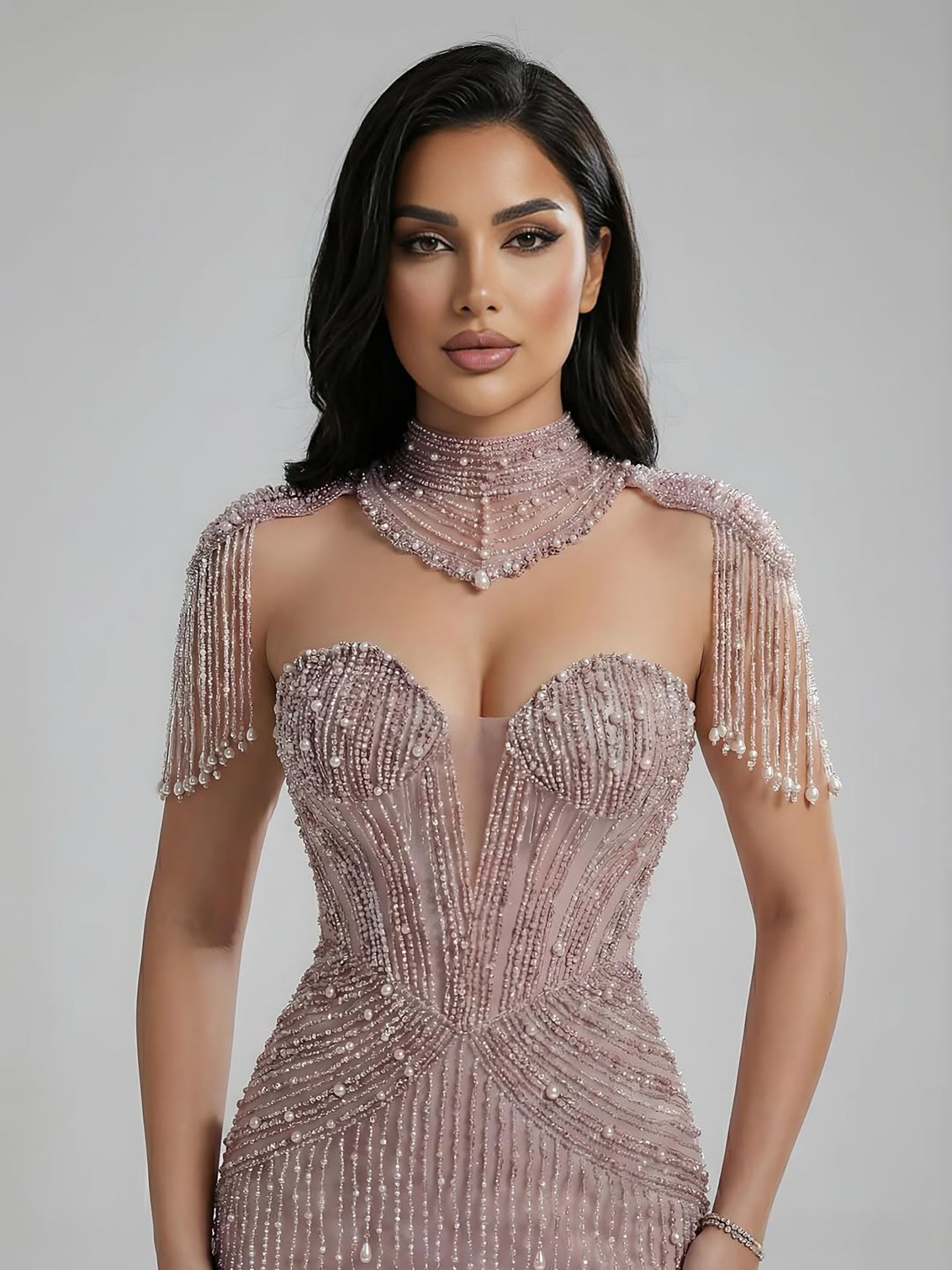 Luxury Nude Pearl Beaded Tassel Mermaid Evening Dress LA73183 - SERENE  HILL