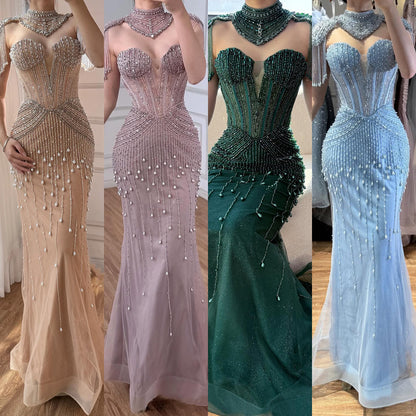 Luxury Nude Pearl Beaded Tassel Mermaid Evening Dress LA73183 - SERENE  HILL