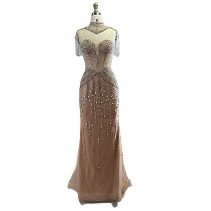 Luxury Nude Pearl Beaded Tassel Mermaid Evening Dress LA73183 - SERENE  HILL