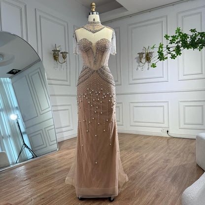 Luxury Nude Pearl Beaded Tassel Mermaid Evening Dress LA73183 - SERENE  HILL