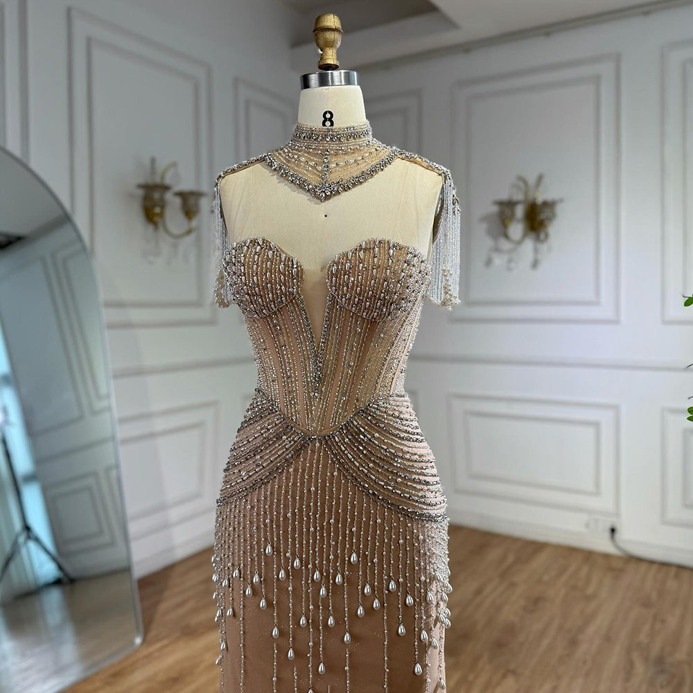 Luxury Nude Pearl Beaded Tassel Mermaid Evening Dress LA73183 - SERENE  HILL