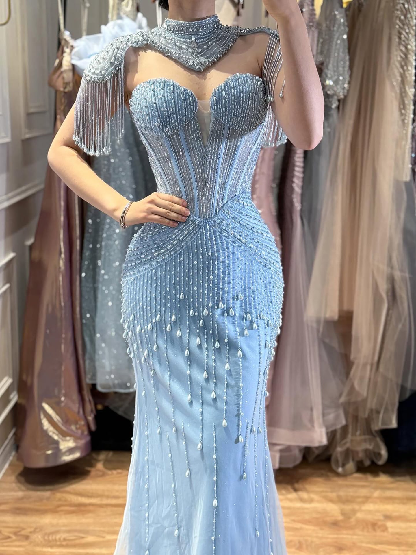 Luxury Nude Pearl Beaded Tassel Mermaid Evening Dress LA73183 - SERENE  HILL