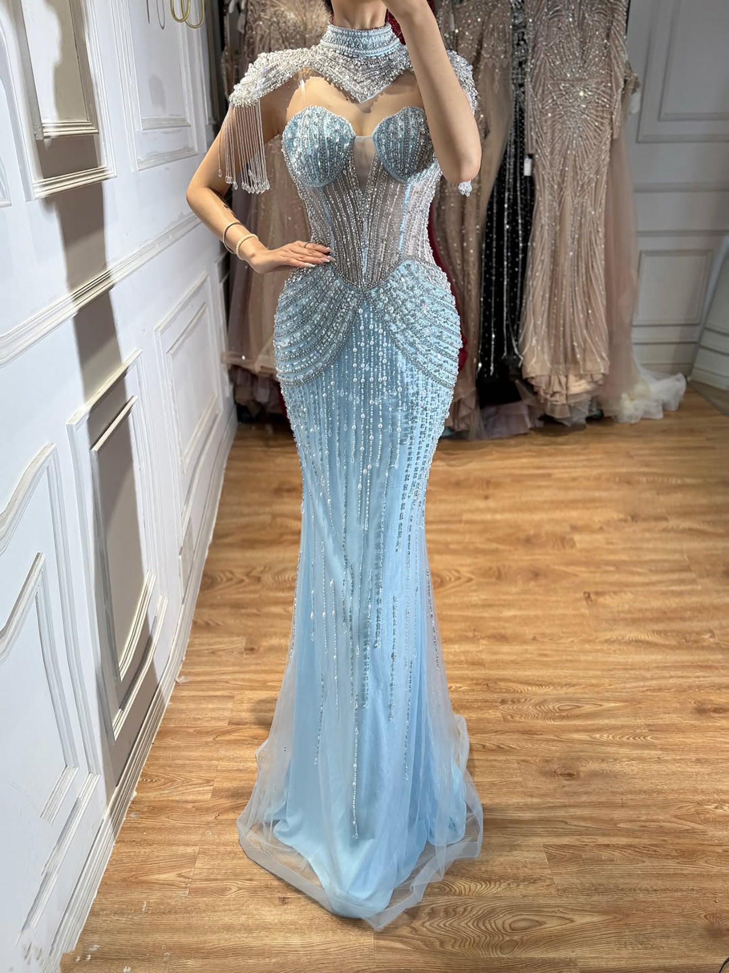 Luxury Nude High Neck Beaded Tassel Mermaid Evening Dress LA73183A SERENE HILL