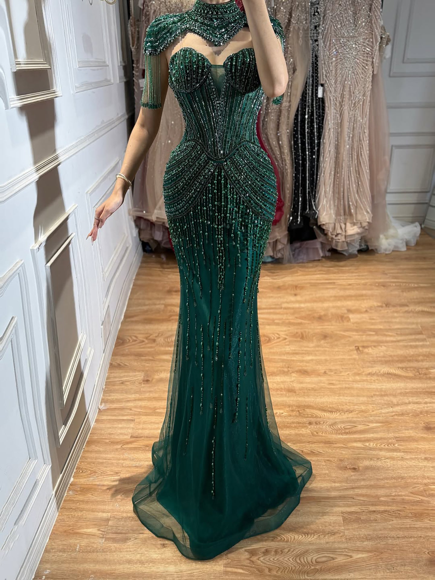 Luxury Nude High Neck Beaded Tassel Mermaid Evening Dress LA73183A SERENE HILL