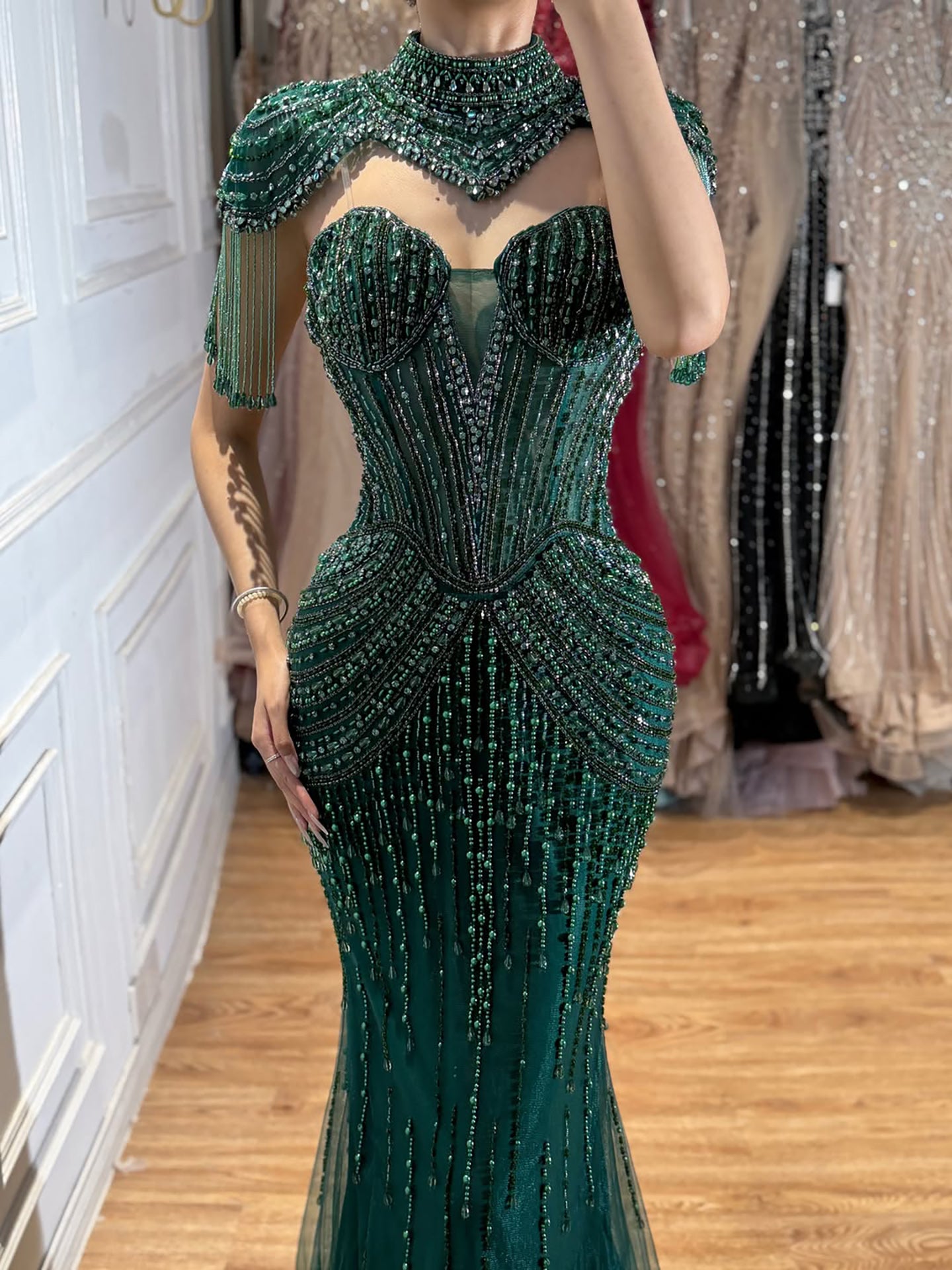 Luxury Nude High Neck Beaded Tassel Mermaid Evening Dress LA73183A SERENE HILL