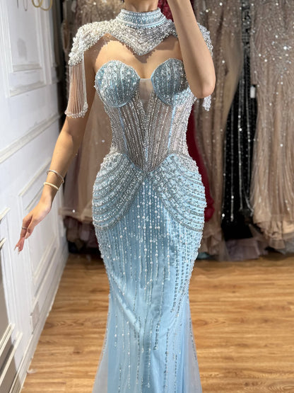 Luxury Nude High Neck Beaded Tassel Mermaid Evening Dress LA73183A SERENE HILL