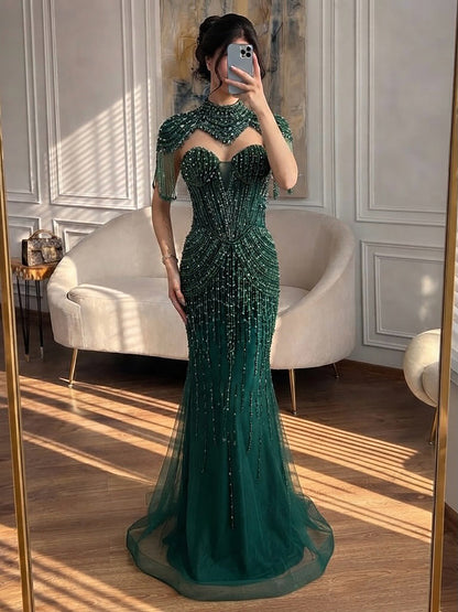Luxury Nude High Neck Beaded Tassel Mermaid Evening Dress LA73183A SERENE HILL