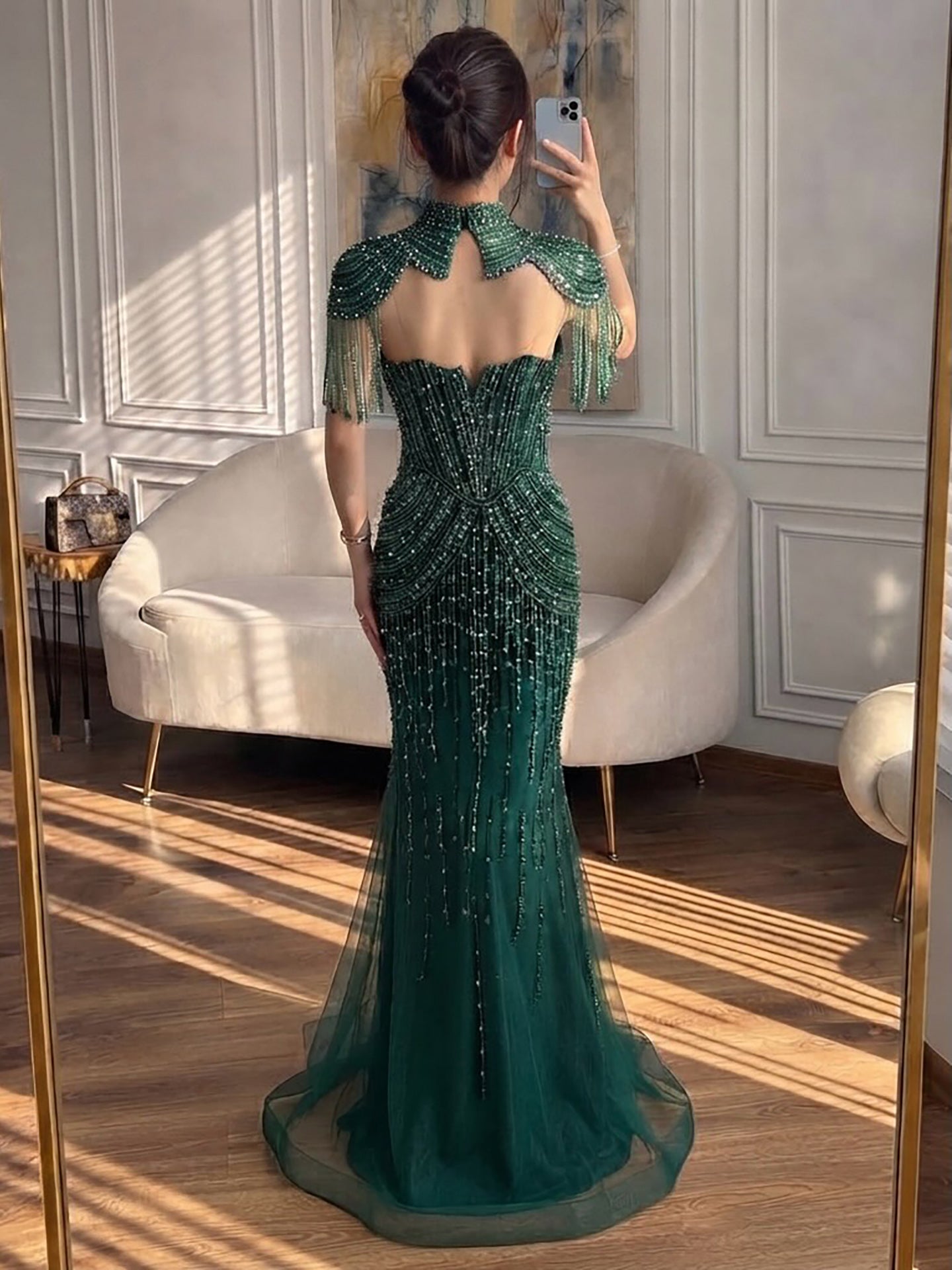 Luxury Nude High Neck Beaded Tassel Mermaid Evening Dress LA73183A SERENE HILL