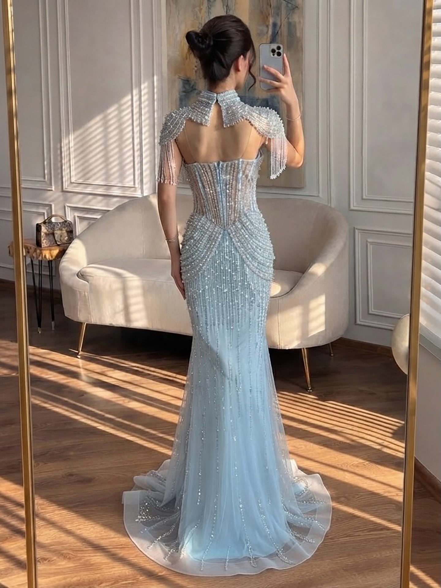 Luxury Nude High Neck Beaded Tassel Mermaid Evening Dress LA73183A SERENE HILL