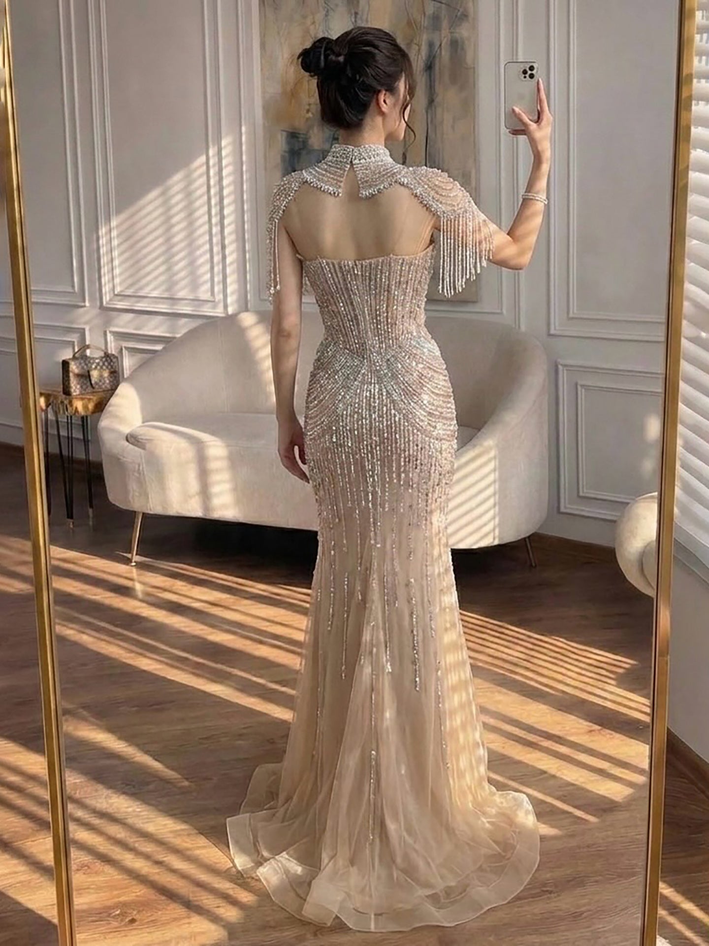 Luxury Nude High Neck Beaded Tassel Mermaid Evening Dress LA73183A SERENE HILL