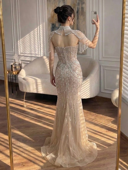 Luxury Nude High Neck Beaded Tassel Mermaid Evening Dress LA73183A SERENE HILL