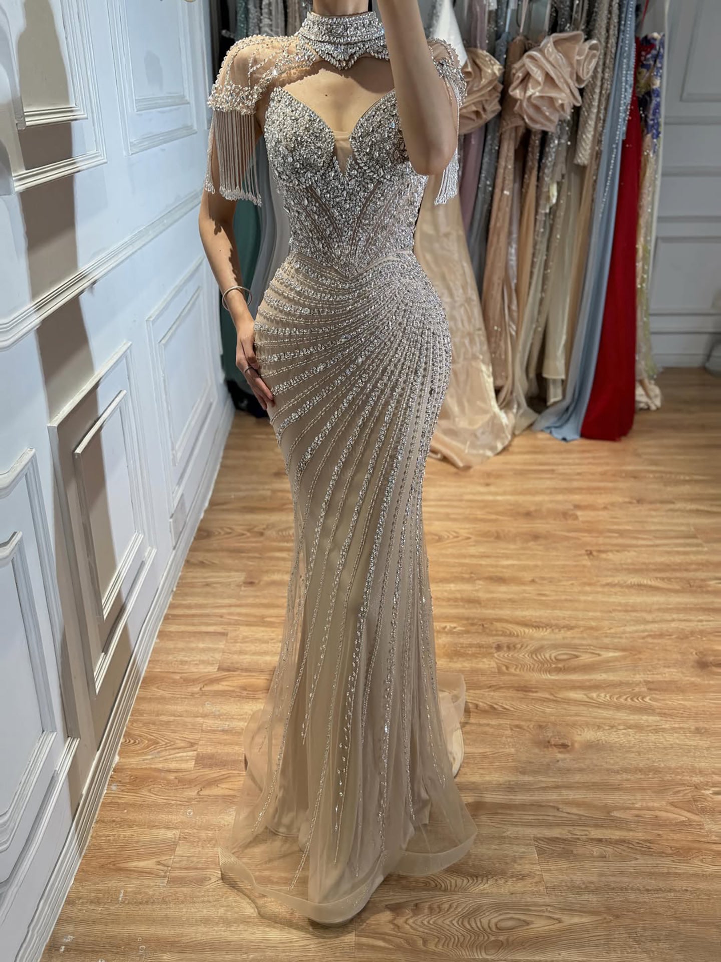 Luxury Pink Beaded Tassel Mermaid Evening Dress Long Gown LA73184 SERENE HILL