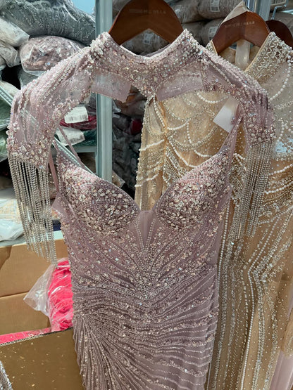 Luxury Pink Beaded Tassel Mermaid Evening Dress Long Gown LA73184