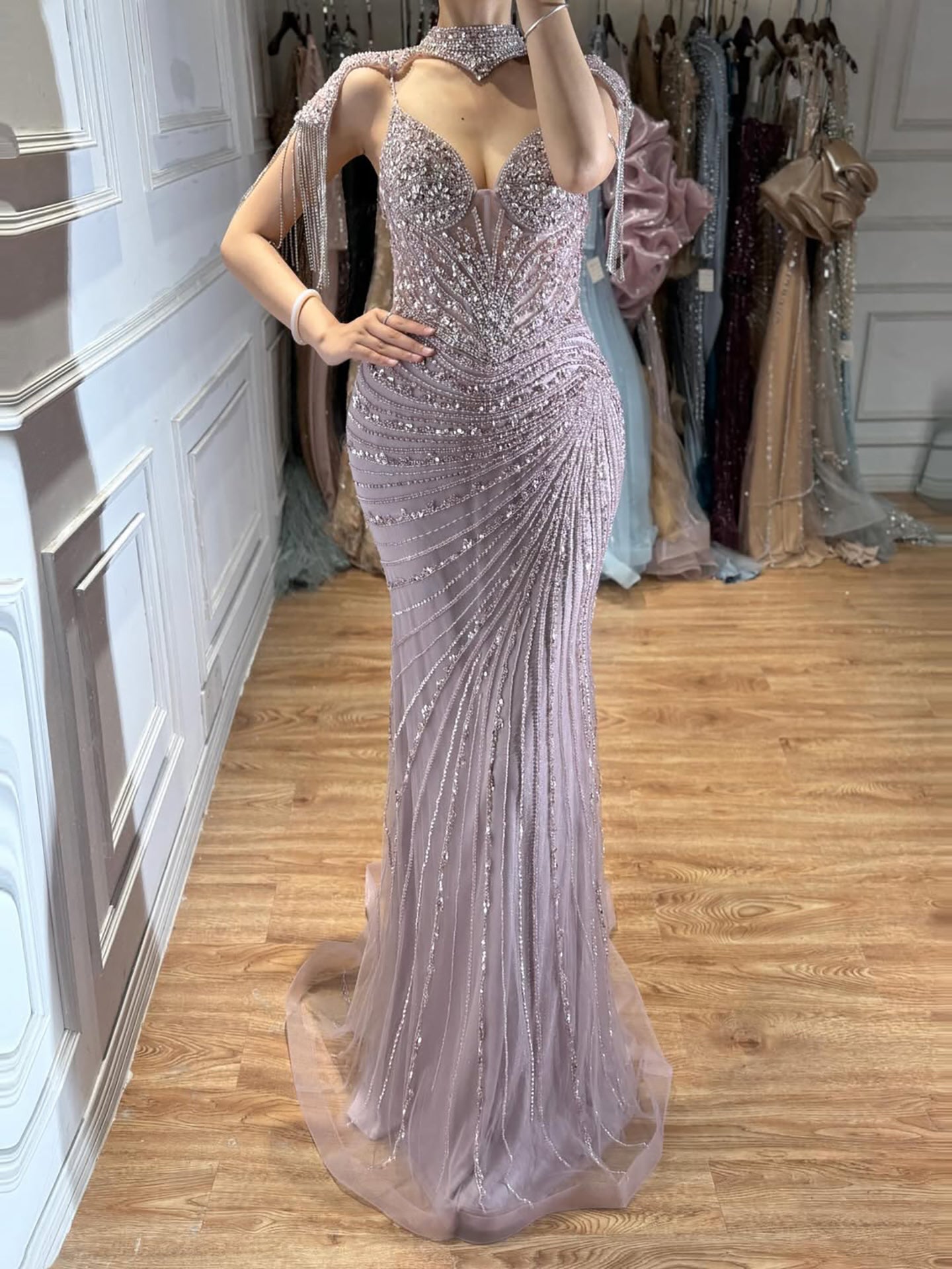 Luxury Pink Beaded Tassel Mermaid Evening Dress Long Gown LA73184