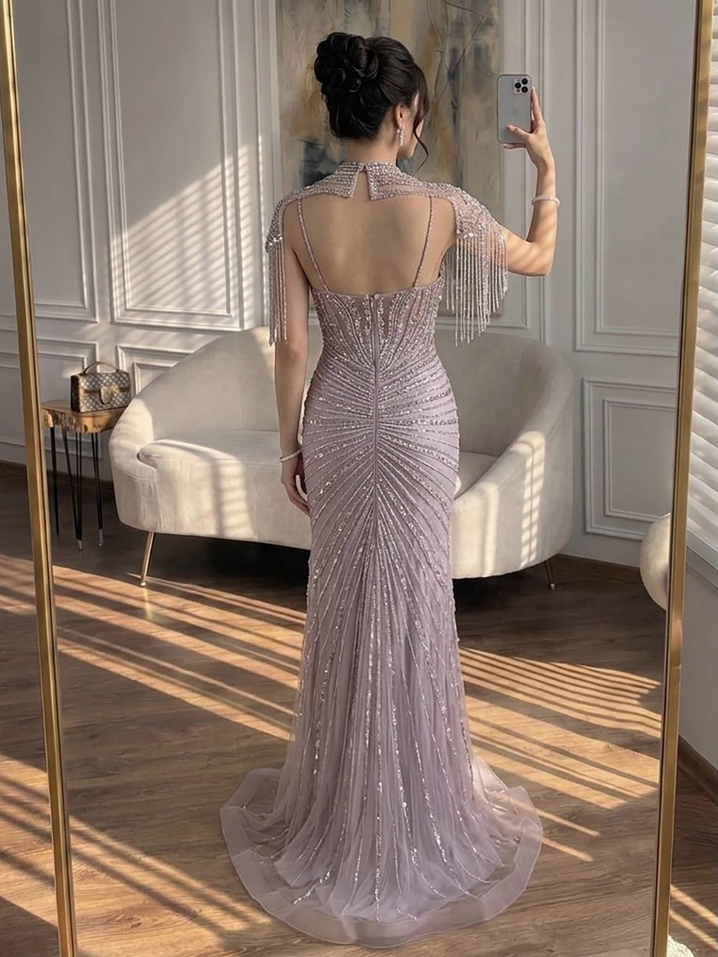 Luxury Pink Beaded Tassel Mermaid Evening Dress Long Gown LA73184