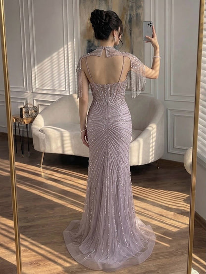 Luxury Pink Beaded Tassel Mermaid Evening Dress Long Gown LA73184