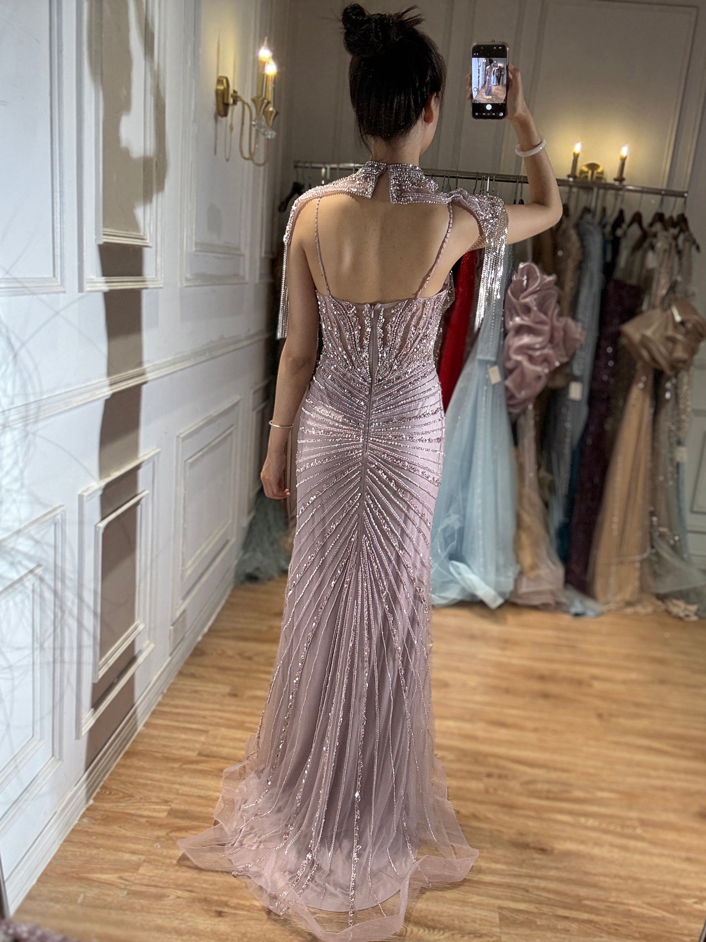 Luxury Nude Tassel Beaded Mermaid Evening Dress LA73184A SERENE HILL