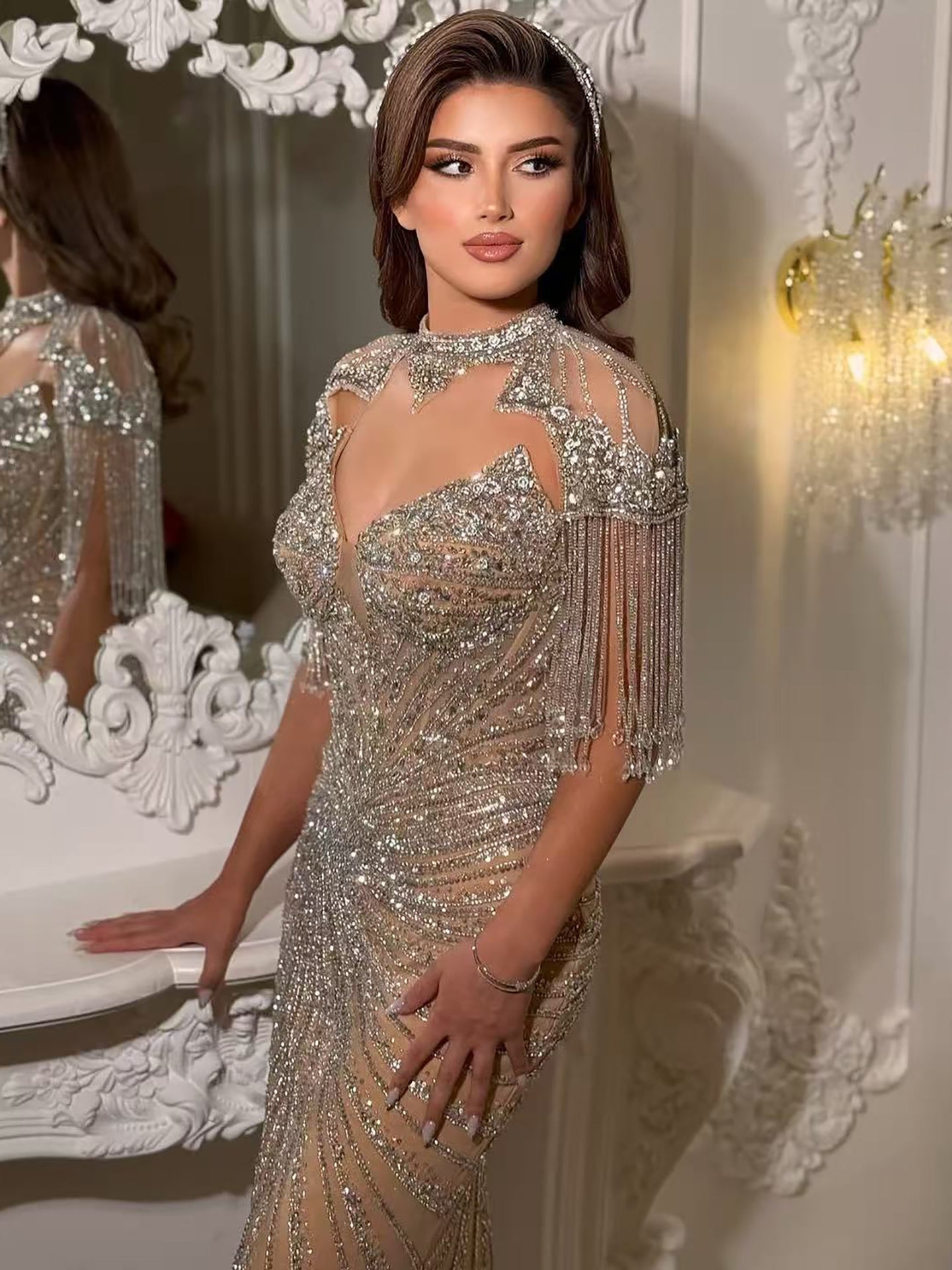 Luxury Nude Beaded Tassel Mermaid Evening Dress LA73184A SERENE HILL