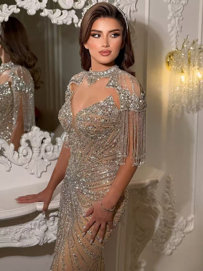 Luxury Nude Beaded Tassel Mermaid Evening Dress LA73184A SERENE HILL