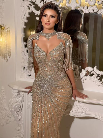 Luxury Nude Beaded Tassel Mermaid Evening Dress LA73184A SERENE HILL