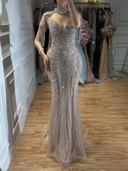 Luxury Nude Tassel Beaded Mermaid Evening Dress LA73184A SERENE HILL