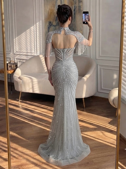 Luxury Nude Beaded Tassel Mermaid Evening Dress LA73184A SERENE HILL
