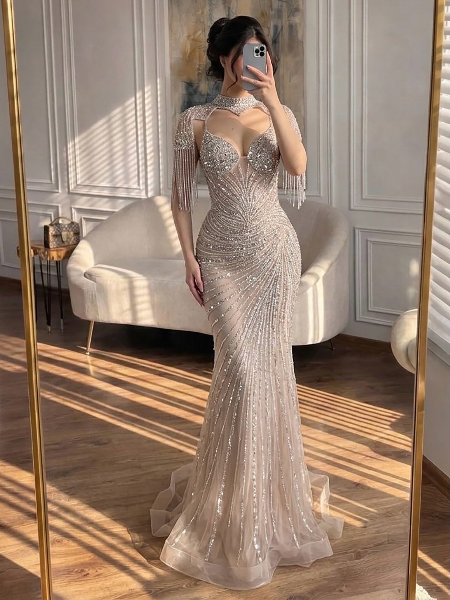 Luxury Nude Tassel Beaded Mermaid Evening Dress LA73184A SERENE HILL